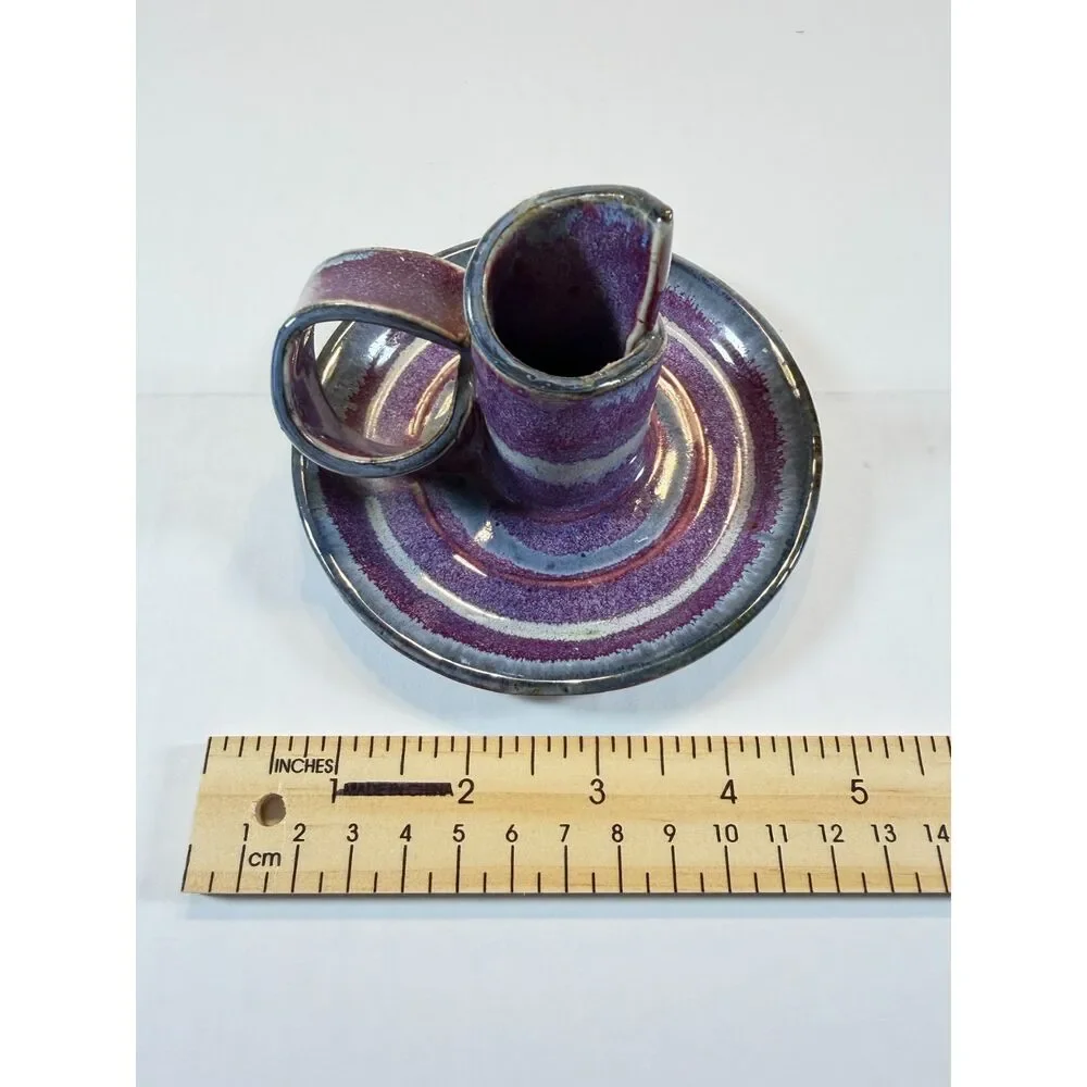 Vintage Bay Pottery Ceramic Chamberstick Candle Holder Purple Blue Drip Glaze